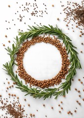 Fresh rosemary wreath surrounds a circle of grains and spices on a white background