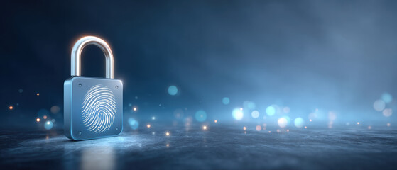 Secure fingerprint padlock on reflective surface with bokeh lights symbolizing data security and digital privacy protection