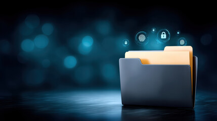 Secure file folder with glowing fingerprint and padlock icons representing data security and privacy protection in digital storage