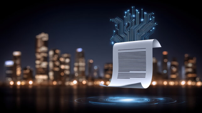 Smart contract document floating above city skyline with glowing circuit data security motif and futuristic digital connection
