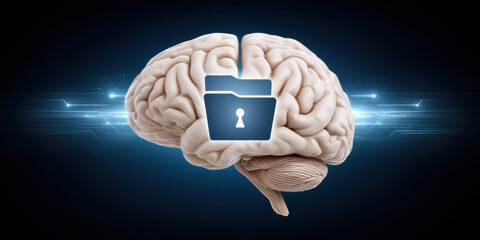 Secure brain data security concept with locked folder icon over human brain symbolizing protected memory and neural information flow