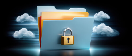 Secure file folder with padlock and cloud backup concept data security protecting digital documents with glowing folder and cloud icons