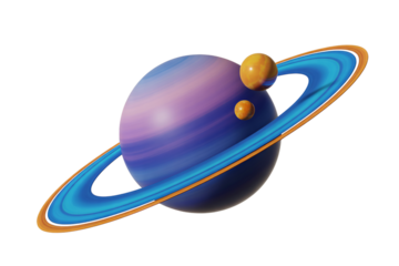 3D illustration of purple planet with glowing blue rings and small moons