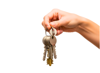 Hand holding house keys with small wooden tag isolated on transparent background
