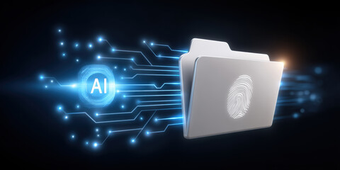 AI data security folder with fingerprint access glowing circuit connections conveying secure intelligent file protection and privacy futuristic