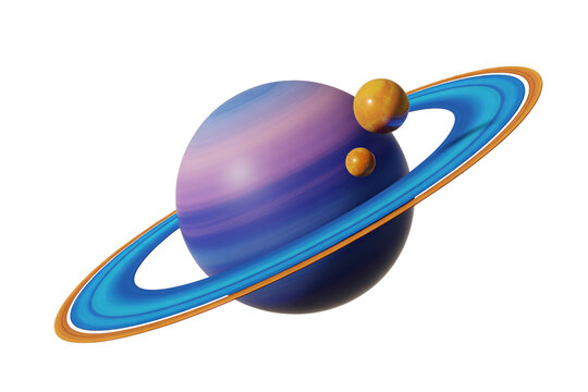 3D illustration of purple planet with glowing blue rings and small moons