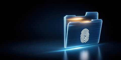 Secure digital file folder with glowing fingerprint icon representing data security and privacy protection in modern technology