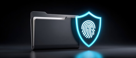 Secure folder with glowing fingerprint shield data security concept showing protected digital file storage and privacy