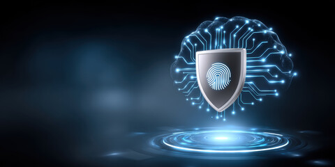 Secure digital brain with fingerprint shield protecting data security and intelligent network connections futuristic blue glowing cyber environment