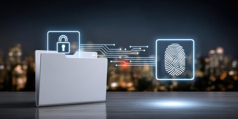 Secure folder data security concept with fingerprint access and digital lock protecting confidential files in modern city night setting