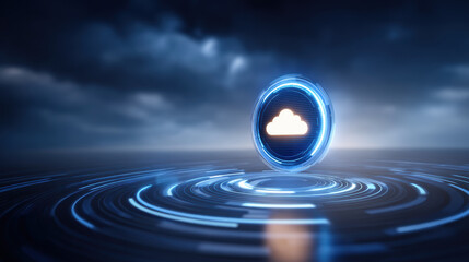 Futuristic cloud icon data security shield glowing over digital ripple network at night sky