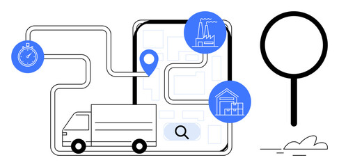 Naklejka na ściany i meble Delivery truck routes over tablet map with icons for stopwatch, factory, and warehouse. Ideal for logistics, supply chain, delivery, optimization, tracking planning e-commerce. Simple flat metaphor