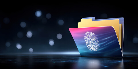 Secure digital folder with fingerprint icon data security and private access concept glowing folder on reflective surface with bokeh lights