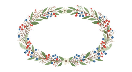 Obraz premium An elegant oval wreath illustration featuring green leaves, red and blue berries, and white flowers, perfect for seasonal or patriotic designs.