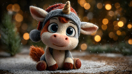 A cute 3D chibi unicorn wearing a Santa hat, sitting on snow with festive holiday lights and a warm Christmas atmosphere. Perfect for greeting cards, children’s illustrations, and winter fantasy artwo