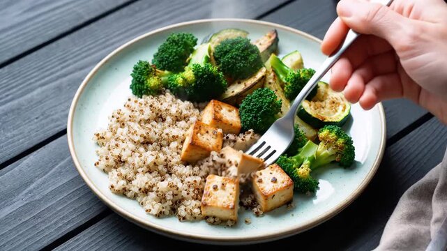 A colorful plate displays a healthy meal of quinoa, tofu, and vegetables. A hand uses a fork
