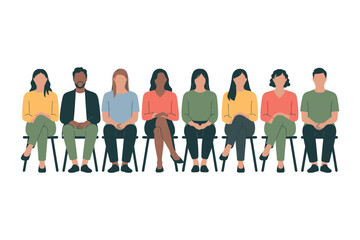 A diverse group of people sitting in a row on chairs against white background