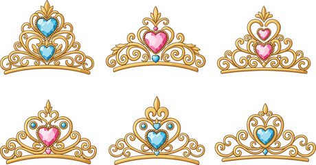 Golden tiaras with heart-shaped gemstones, ornate scrollwork, cartoon style, royal accessories, princess crown set, decorative design, fantasy illustration © Creative Mind