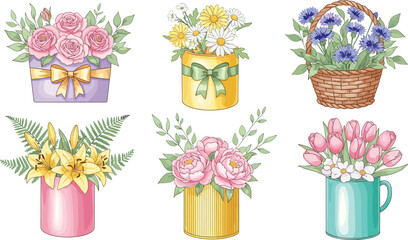 Floral arrangements in decorative containers, roses, tulips, daisies, peonies, lilies, colorful bouquet set, home decor, botanical illustration, design