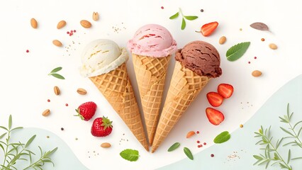 Three delicious ice cream cones in waffle cones with fresh strawberries and mint leaves on a white background