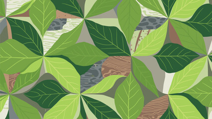 Lush Leaf Collage Seamless Background in Fresh Greens, Editable Botanical Pattern for Eco Packaging, Surface Design, and Sustainability Content