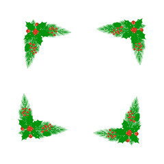 Christmas Holly and Pine Corner Frame Decoration Isolated