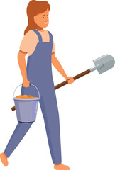 Farmer carrying harvested potatoes in metal bucket and shovel, walking towards destination