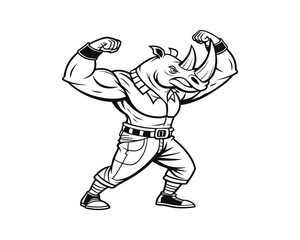 Fototapeta premium A black and white cartoon illustration of a powerful rhinoceros character flexing its muscular arms and showing off its physique