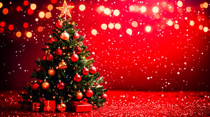 Christmas tree adorned with colorful ornaments and twinkling lights, surrounded by festive decorations, creating a joyful atmosphere for holiday celebrations and New Year festivities