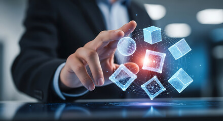 A person's hand interacting with floating digital cubes and sphere in a futuristic interface