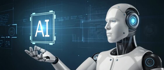AI robot holding technology concepts.