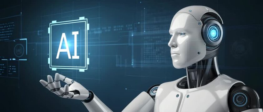 AI robot holding technology concepts.