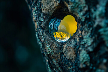 A dewdrop magnifying the intricate texture of tree bark