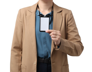 Woman showing her blank badge on white background, closeup
