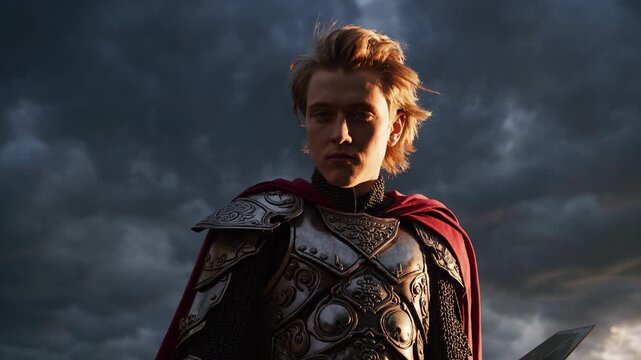 Armored knight standing under stormy sky. Close portrait shows man in ornate armor and red cape. Sword visible at side enhances warrior presence. Medieval hero stares into dramatic cloud. Moody light.