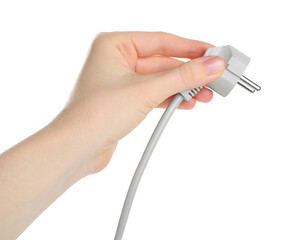 Woman holding plug on white background, closeup