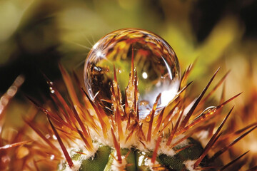 A dewdrop sitting on a cactus spine, magnifying its sharp point