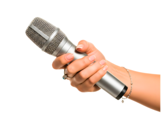 Hand holding a vintage microphone isolated on transparent background
