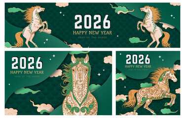 Set of green banners with hand drawn paper cut clouds, stars and golden ornate Horses as zodiac sign for 2026 Lunar New Year. Layered greeting cards in Asian style. Christmas craft billboards