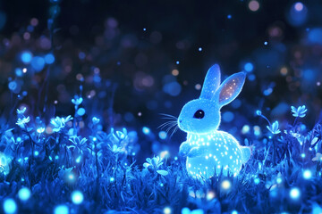 A glowing rabbit dashing through a field of bioluminescent flowers  