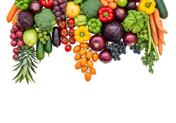 Colorful Assortment of Fresh Fruits and Vegetables on White Background.