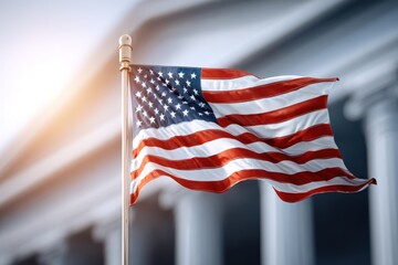 A close-up shot of the American flag waving against the backdrop of stately columns, bathed in sunlight, symbolizing patriotism and national pride.