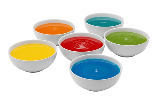 Colorful Bowls of Liquid A Vibrant Display of Primary Colors.