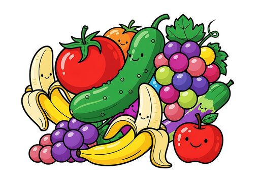 Cheerful Cartoon Fruits and Vegetables Illustration with Smiling Faces.