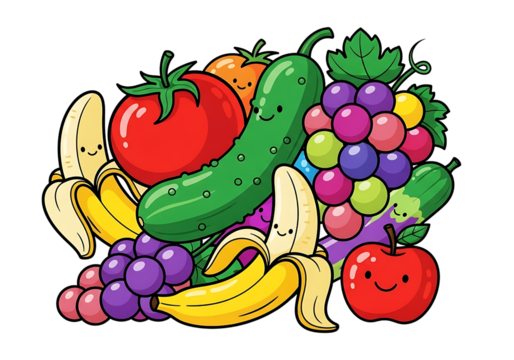 Cheerful Cartoon Fruits and Vegetables Illustration with Smiling Faces.