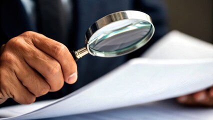 Fototapeta premium Technology of scammer and fraud concept. A hand holding a magnifying glass over a document, symbolizing analysis and scrutiny.