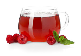 Cup of delicious tea, raspberries and mint isolated on white