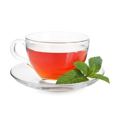 Cup of delicious tea and mint isolated on white