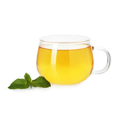 Cup of delicious tea and mint isolated on white