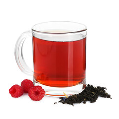 Cup of delicious tea, raspberries and brew isolated on white